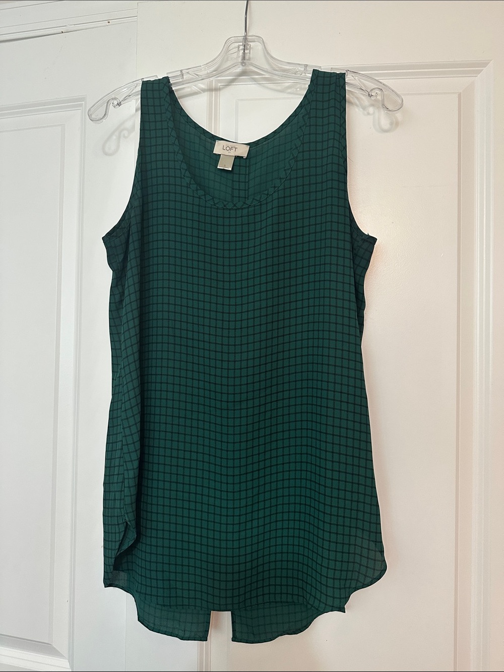 Loft size small green checkered sleeveless tunic with button down back detail.